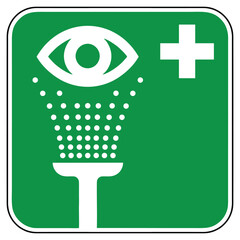 First-aid eyewash sign, white symbols on a green square background, vector illustration