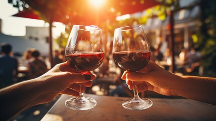 People clinking glasses with wine on the summer terrace of cafe or restaurant. copy space for text.