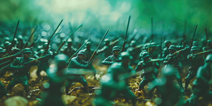 Toy Soldier Battlefield Drama. Lots of Miniature green plastic soldiers in a mock battle, dramatic war background.
