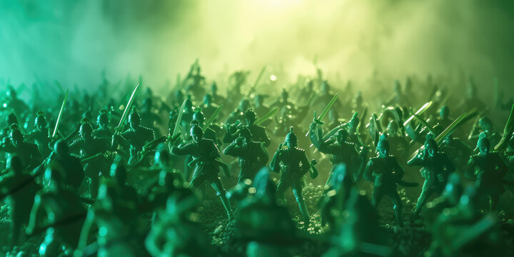Toy Soldier Battlefield Drama. Lots of Miniature green plastic soldiers in a mock battle, dramatic war background.