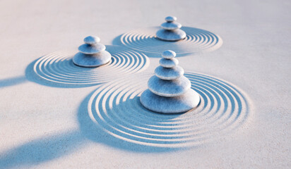 Fototapeta na wymiar Japanese zen garden - three stacks of pebbles in the evening sun - 3D illustration