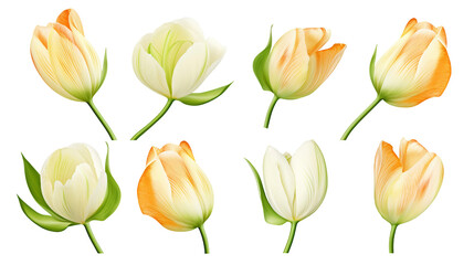 Fototapeta premium Tulip Collection: Vibrant Flowers, Buds, and Leaves for Botanical Decor, Perfume Design, and Digital Art Creations on Transparent Backgrounds - Floral Beauty in 3D!