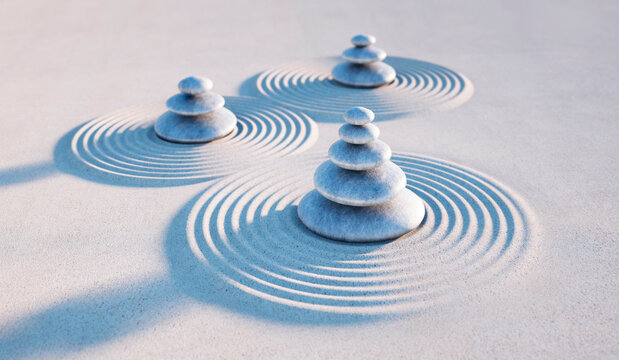 Japanese zen garden - three stacks of pebbles in the evening sun - 3D illustration