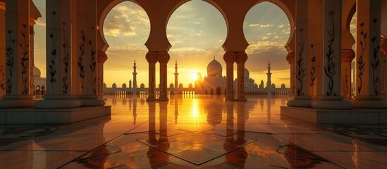 Beautiful view reflective tiles at mosque entrance at sunrise background landscape. Generated AI