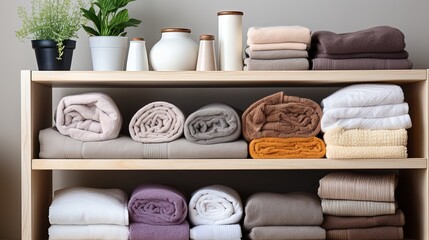 Shelves stocked with neatly arranged towels and wicker baskets create an atmosphere of orderly calm in a well-organized linen closet. - obrazy, fototapety, plakaty