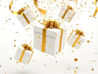 Happy New Year and Merry Christmas white gift boxes with golden bows and golden sequin confetti on white background. Gift boxes flying and falling.