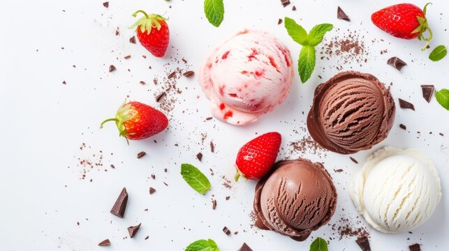 Ice cream scoops in chocolate, strawberry, and vanilla flavors, garnished with mint leaves on white background
