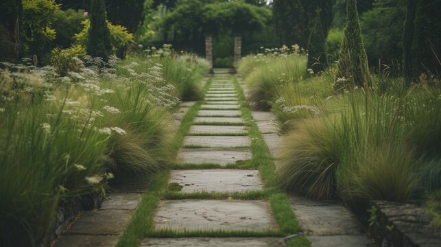 In a botanical garden, stone paths are lined with grass growing up between them