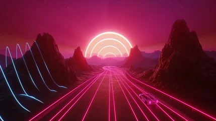 Tuinposter Neon retrowave background. Retro wireframe landscape with glowing outrun sun vector illustration template © vannet