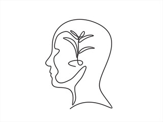 One continuous line drawing of human head with plant inside. Mental health and psychology vector concept. Creative ideas, grow up, positive thinking and self care. Growth mindset skills illustration