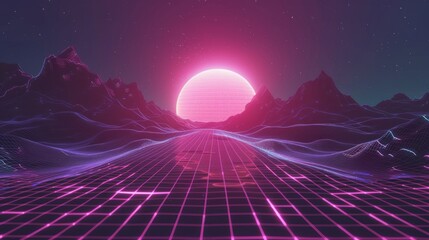 Neon retrowave background. Retro wireframe landscape with glowing outrun sun vector illustration template - obrazy, fototapety, plakaty
