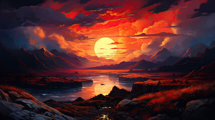 Fiery Sunset Over Mountains Background Ai Generative