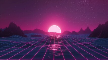 Neon retrowave background. Retro wireframe landscape with glowing outrun sun vector illustration template - obrazy, fototapety, plakaty