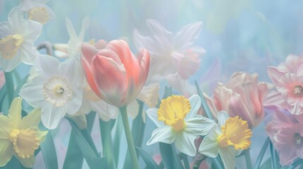 Fototapeta na wymiar Pastel colored spring flowers tulips, daffodils, narcissus. Floral background
