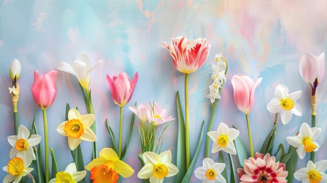 Pastel colored spring flowers tulips, daffodils, narcissus. Floral background