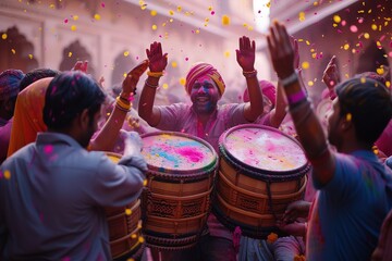 Holi Festival , Showcase the lively music and dance associated with Holi, featuring traditional dhol beats, energetic dances, and people singing joyful Holi songs. - obrazy, fototapety, plakaty