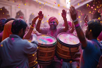 Tuinposter Holi Festival , Showcase the lively music and dance associated with Holi, featuring traditional dhol beats, energetic dances, and people singing joyful Holi songs. © Nopparat