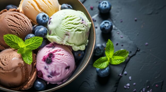 Variety of ice cream scoops in a bowl with blueberries and mint leaves. Assorted ice creams