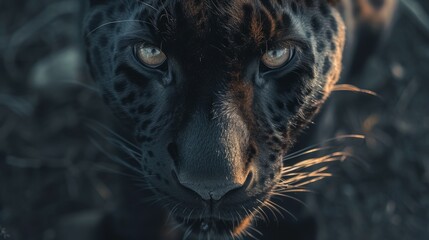 A detailed view of a black leopard's face. This image can be used to showcase the stunning beauty and unique features of this majestic big cat