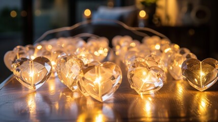 A group of crystal heart-shaped lights on a table. Perfect for adding a romantic touch to any setting