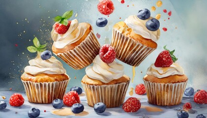 The fruity adornments add a burst of freshness, enhancing the allure of these delectable cupcakes.