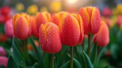 Pola czerwonych i żółtych tulipanów ze kroplami wody na nich