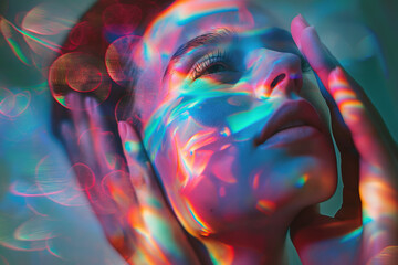 Woman in meditating trance, bathing in vibrant, colorful illumination adds. Abstract concept of...