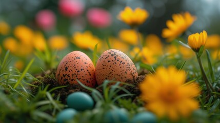 Dwa jajka siedzą na trawie z żółtymi kwiatami w tle - obrazy, fototapety, plakaty