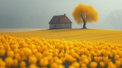 Dom na środku pola pełnego żółtych kwiatów