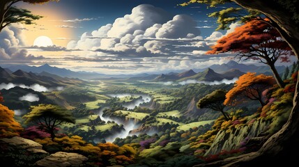 Fototapeta na wymiar A top view of a vibrant rainbow spanning across a picturesque countryside, with fluffy clouds casting shadows on rolling hills, creating a breathtaking and idyllic vista