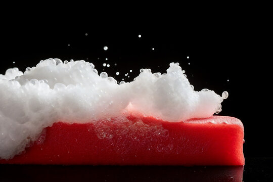 Soap foam with bubbles and red sponge 