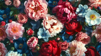 Colorful peony and roses flowers. Floral background