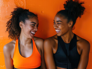 Two gym fit, healthy black African American girls, friends, against an orange wall, outdoors, laughing, smiling, healthy lifestyle.