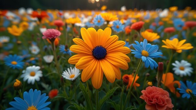 Pole pełne r&oacute;żnokolorowych kwiat&oacute;w