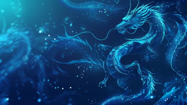 Dark blue background with abstract flying dragons. Technological background for design on artificial intelligence, neural networks, big data