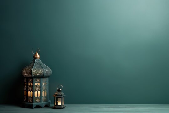muted Green flat background with Islamic ornament and lantern, Generative AI