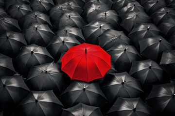 Red umbrella stand out from the crowd of many black and white umbrellas. Business, leader concept, being different concepts, Generative AI