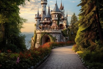Obraz premium A wonderful cute princess castle in a fairytale style, a wonderful cute princess castle in a fairytale style. Ai generated