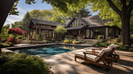 Fototapeta na wymiar Backyard oasis of luxury villa with pool lounge area