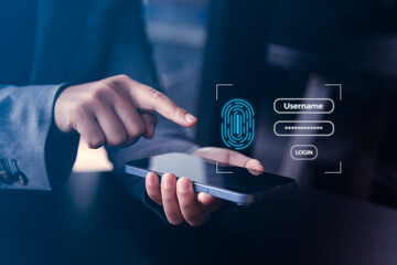 Businessman scans fingerprint on smartphone for secure system access and login authentication