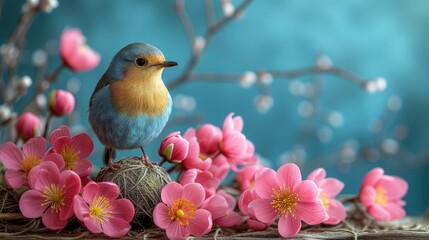 Ptak siedzący na górze gniazda otoczonego różowymi kwiatami. W tle bazie wierzbowe - obrazy, fototapety, plakaty