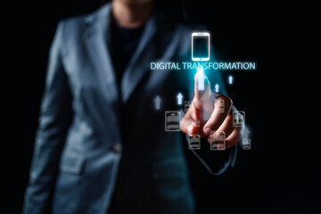 Digital Transformation: Businessman's Hands Display Management System on Virtual Screen