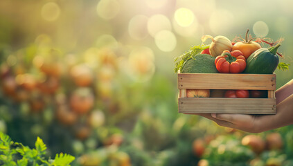 Hands holding wooden box with harvest vegetables on blurred green farm field background. - obrazy, fototapety, plakaty
