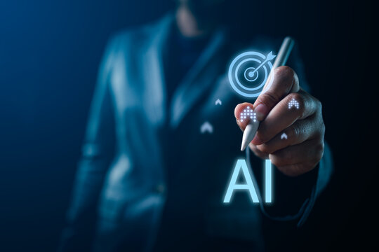 Businessman's hands touch virtual screen, showing AI system deployment in work for efficiency