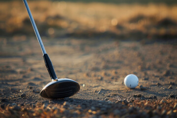 Golf ball behind driver at driving range, plenty of copy-space.