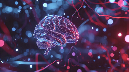 Front view image of brain, Shine background with purple bokeh effect. Cognitive science concept, neurotechnology style. World brain day, science magazines, banner, cover, social media With copy space
