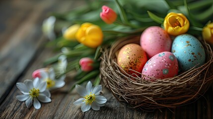 Fototapeta na wymiar Easter Celebration: Colorful Easter Eggs, Easter Bunny, Cute Chick, Springtime Joy, Festive Decorations, Traditional Symbols, Joyful Holiday, Renewal and Rebirth, Family Gatherings, Festive Spirit