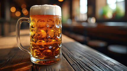 Beer in a big glass on a wooden table. Oktoberfest festival.