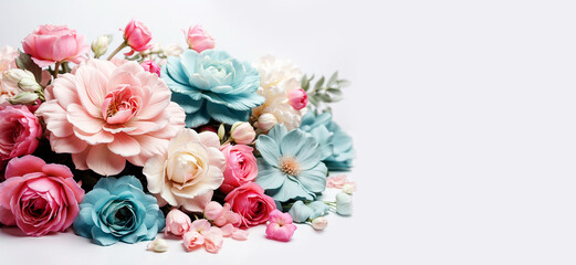 artistic bunch of flowers in various pastel colors and white color in3D style like romantic floral background with copy space