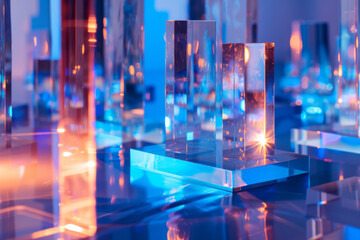 some shiny glass framed in blue lights are on a table.